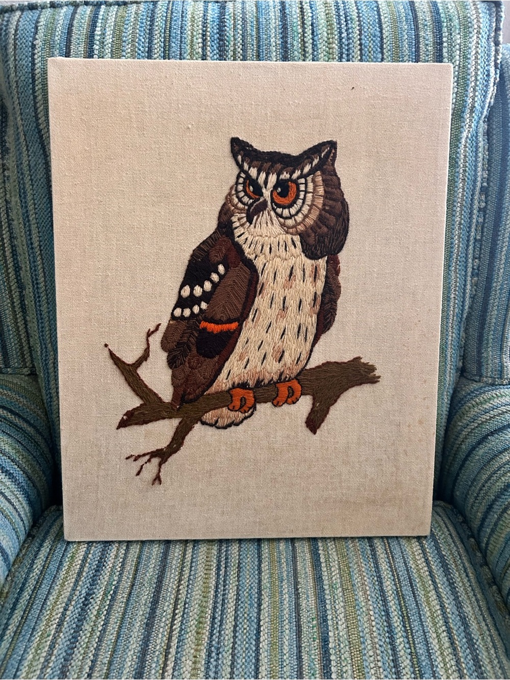 Embroidered Owl Wall Art in Brown and Cream